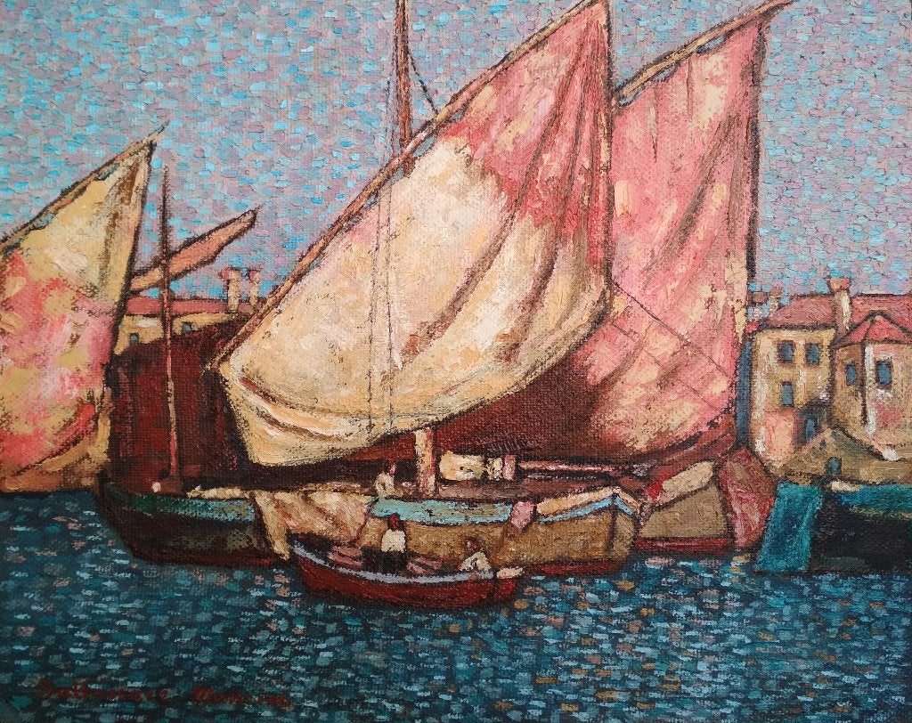 Vissersboten in de haven, Olieverf, Klassiek, Origineel werk, Maritiem / water