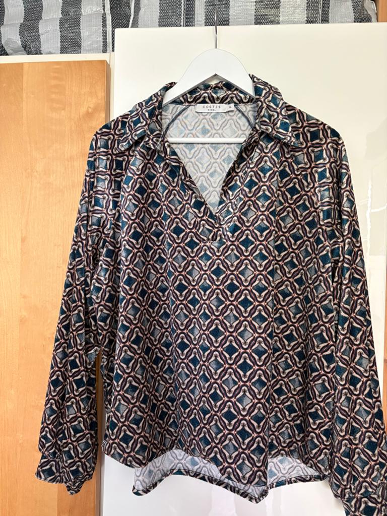 Costes Rebel Velvet Blouse XL - Blauw/Bruin Patroon, Kleding | Dames, Ophalen of Verzenden, Zo goed als nieuw, Maat 42/44 (L)