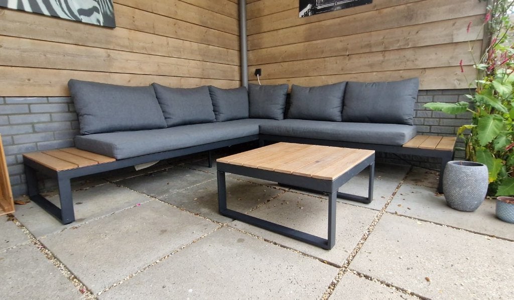 Hoekbank Hout met Antraciet - 5 Personen, Tuin en Terras, Tuinbanken, Ophalen, Zo goed als nieuw, Hout