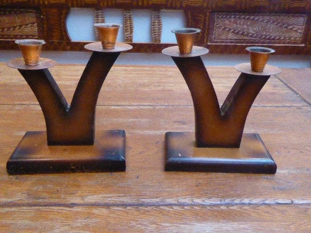2 art deco kandelaars, hout en koper, Antiek en Kunst, Antiek | Kandelaars, Ophalen of Verzenden, Koper of Brons