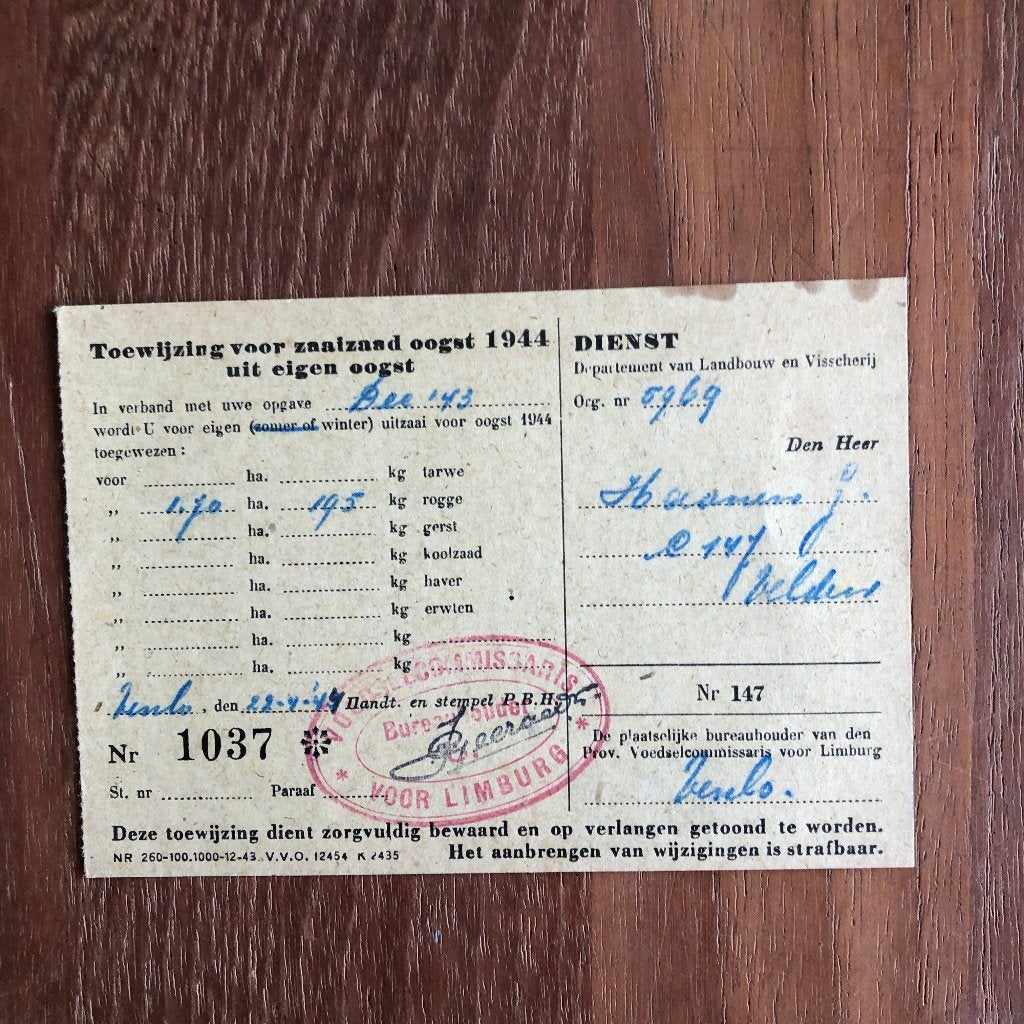 Velden (bij Venlo)December 1942. Toewijzingskaart voor zaai-, Verzenden, Overige onderwerpen, Tweede Wereldoorlog, Gelezen
