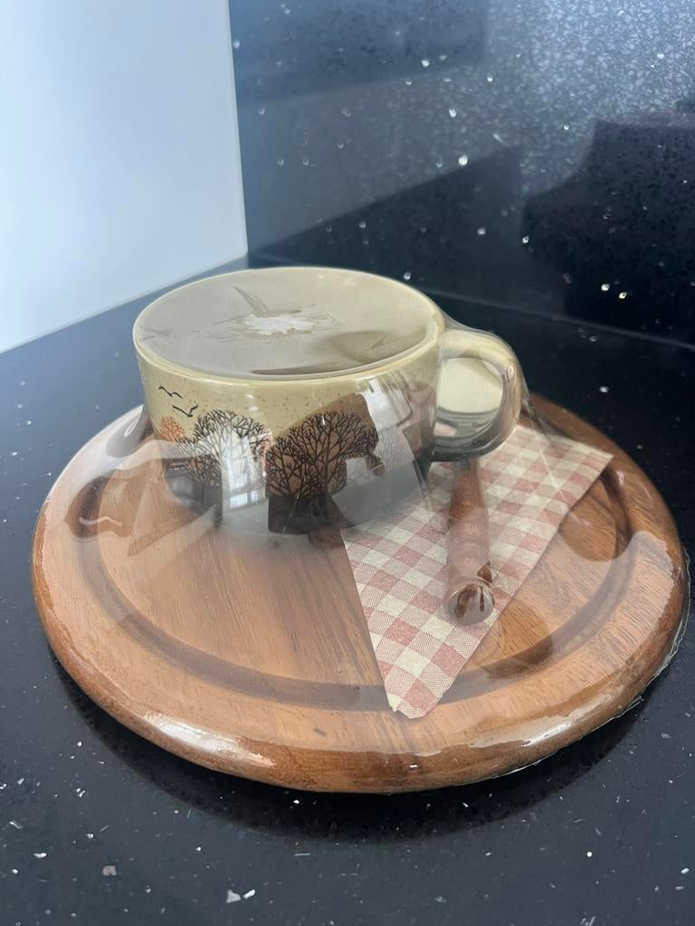 Vintage soepkom hoten rond onderzetter met lepel, Ophalen of Verzenden