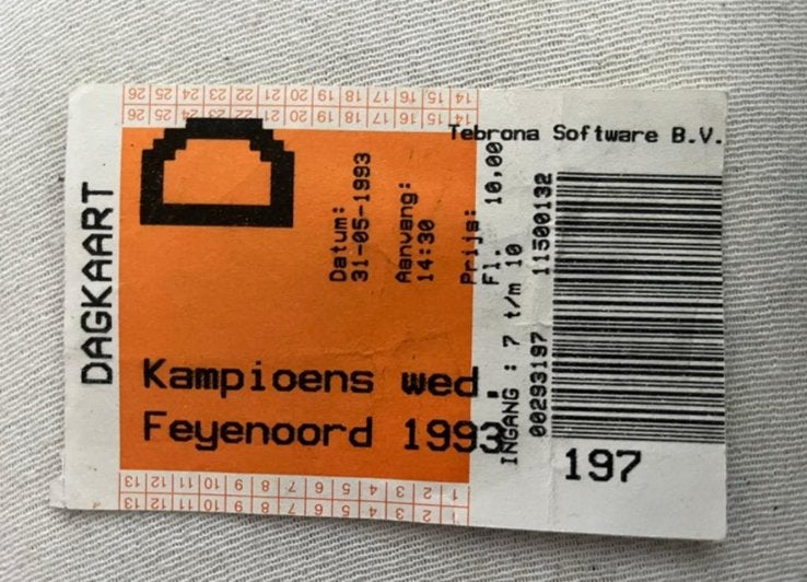 Kaartje van de kampioenswedstrijd Feyenoord Seizoen 92/93, Verzamelen, Ophalen of Verzenden, Zo goed als nieuw, Feyenoord
