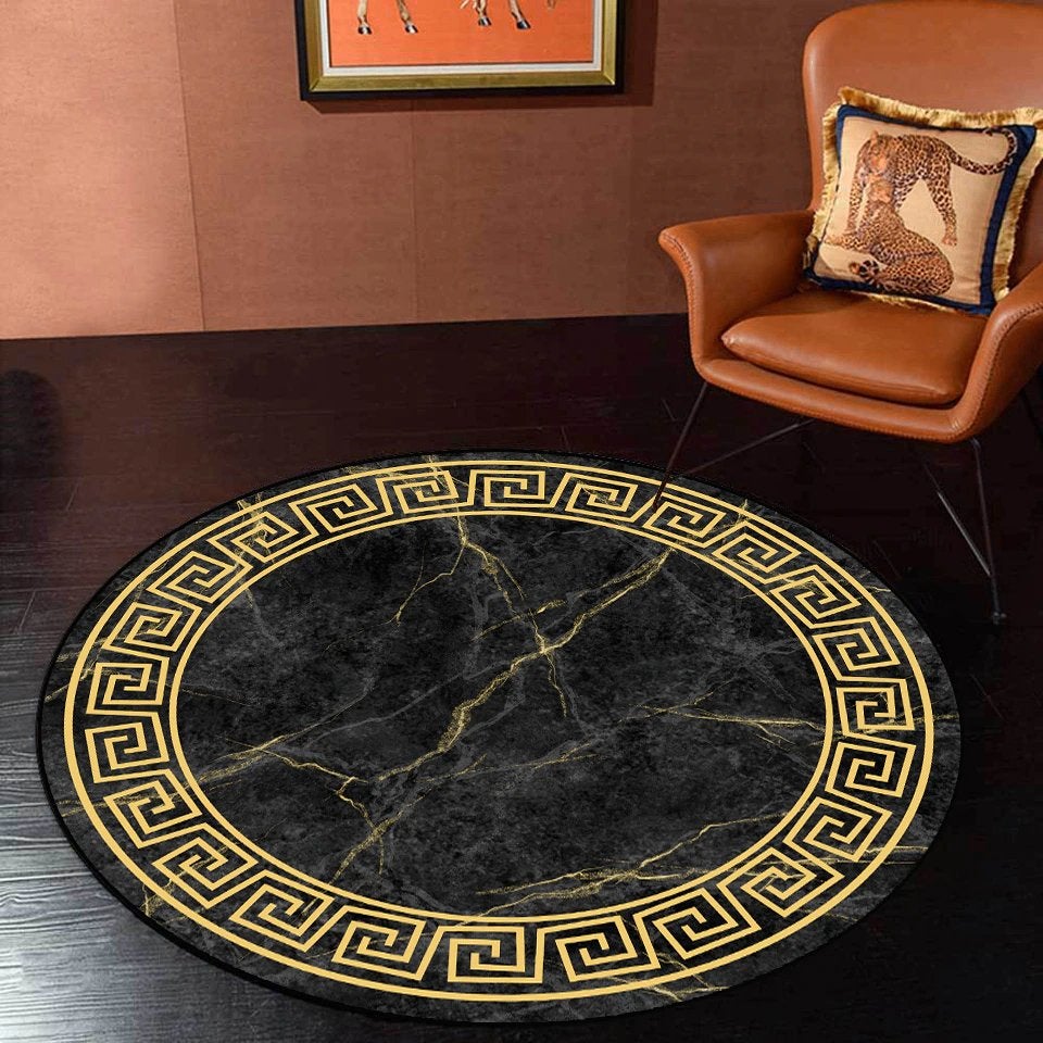Zwart Marmer Barok Rond Vloerkleed Kleed Tapijt Geometrisch, Verzenden, Nieuw, Zwart, Rond