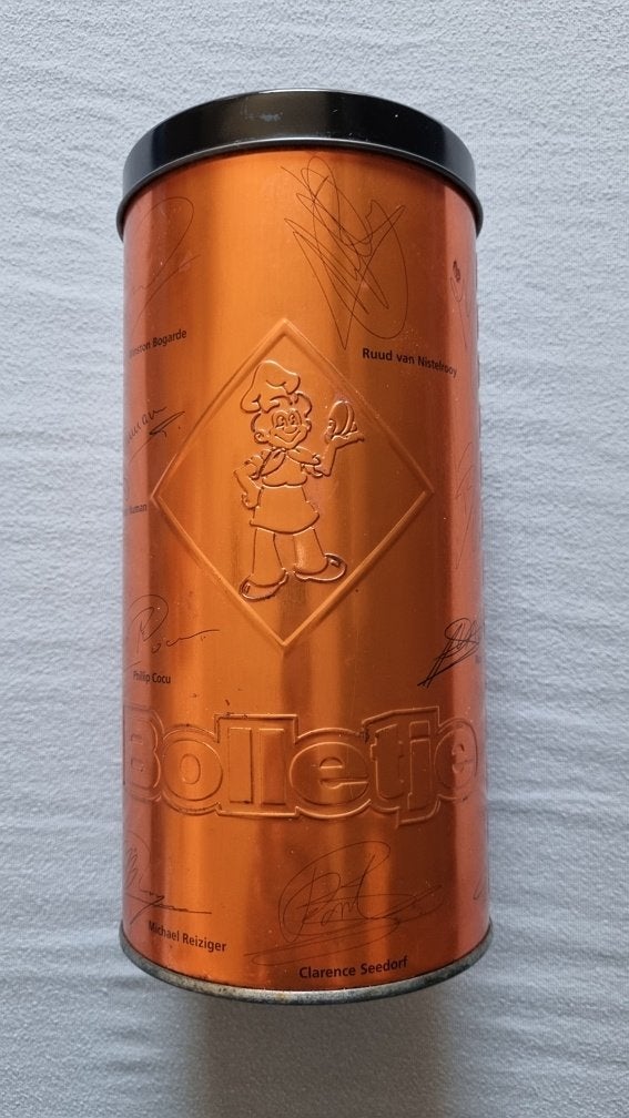 Bolletje beschuitbus WK 1998 met handtekeningen alle spelers, Ophalen, Gebruikt, Beschuit, Bolletje