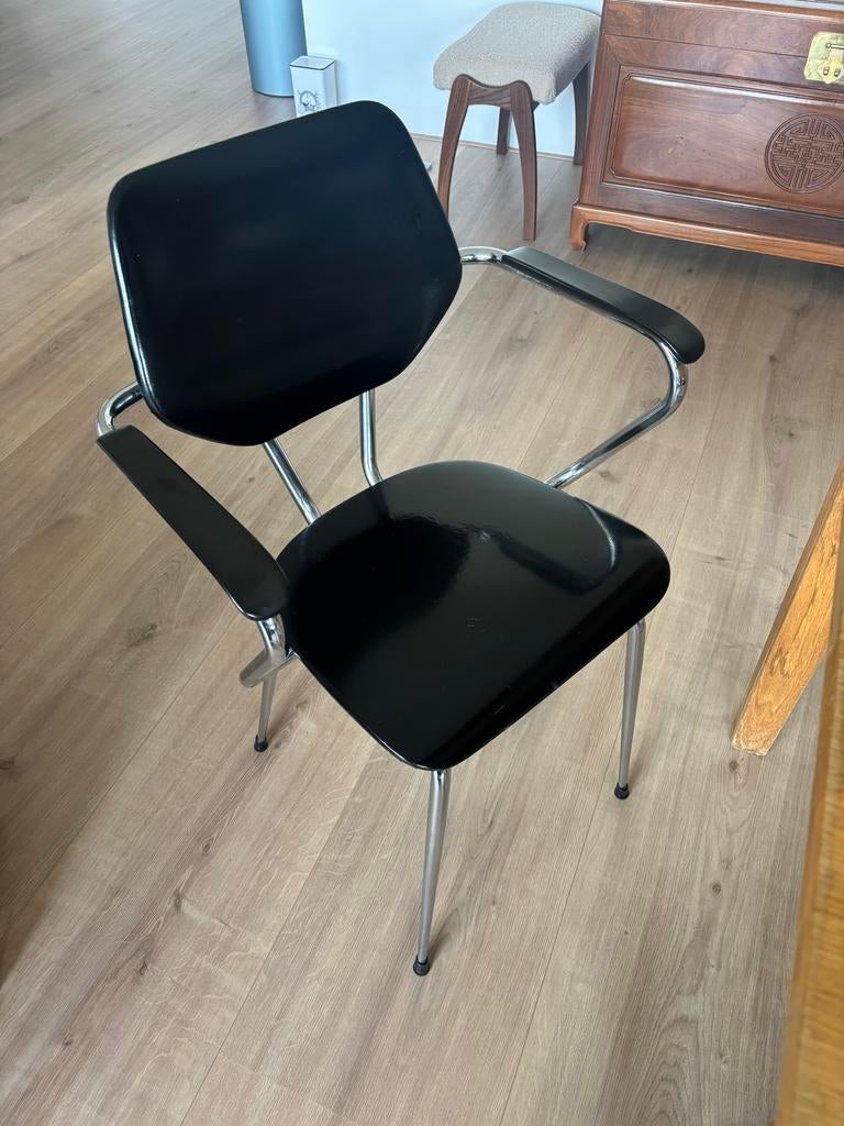 Vintage buisframe stoel chrome met skai bekleding formica, Ophalen, Gebruikt, Zwart, Metaal