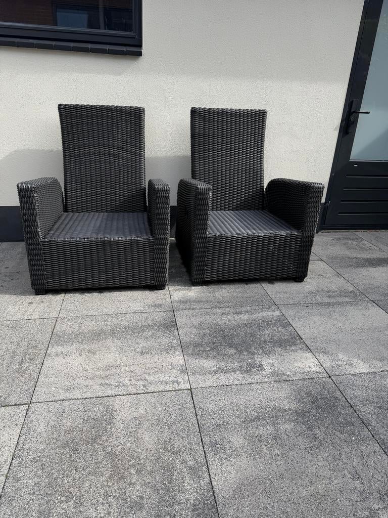 2x Wicker tuinstoelen met kussens - Gebruikt, Tuin en Terras, Tuinstoelen, Ophalen, Gebruikt, Wicker, Verstelbaar