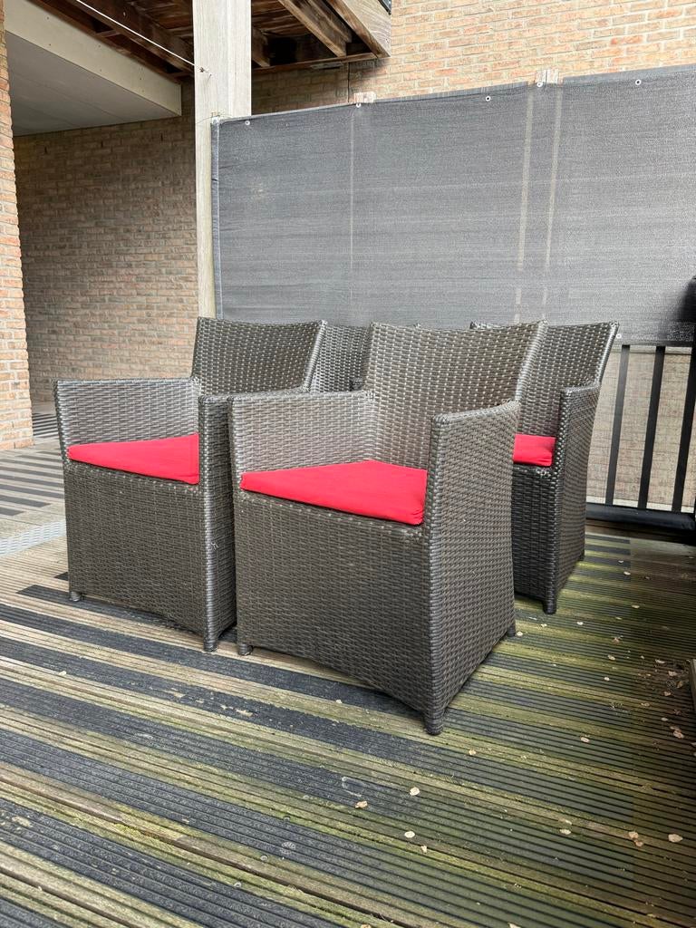 Royal Patio 4 tuinstoelen met rode kussens, Ophalen, Gebruikt, Rotan