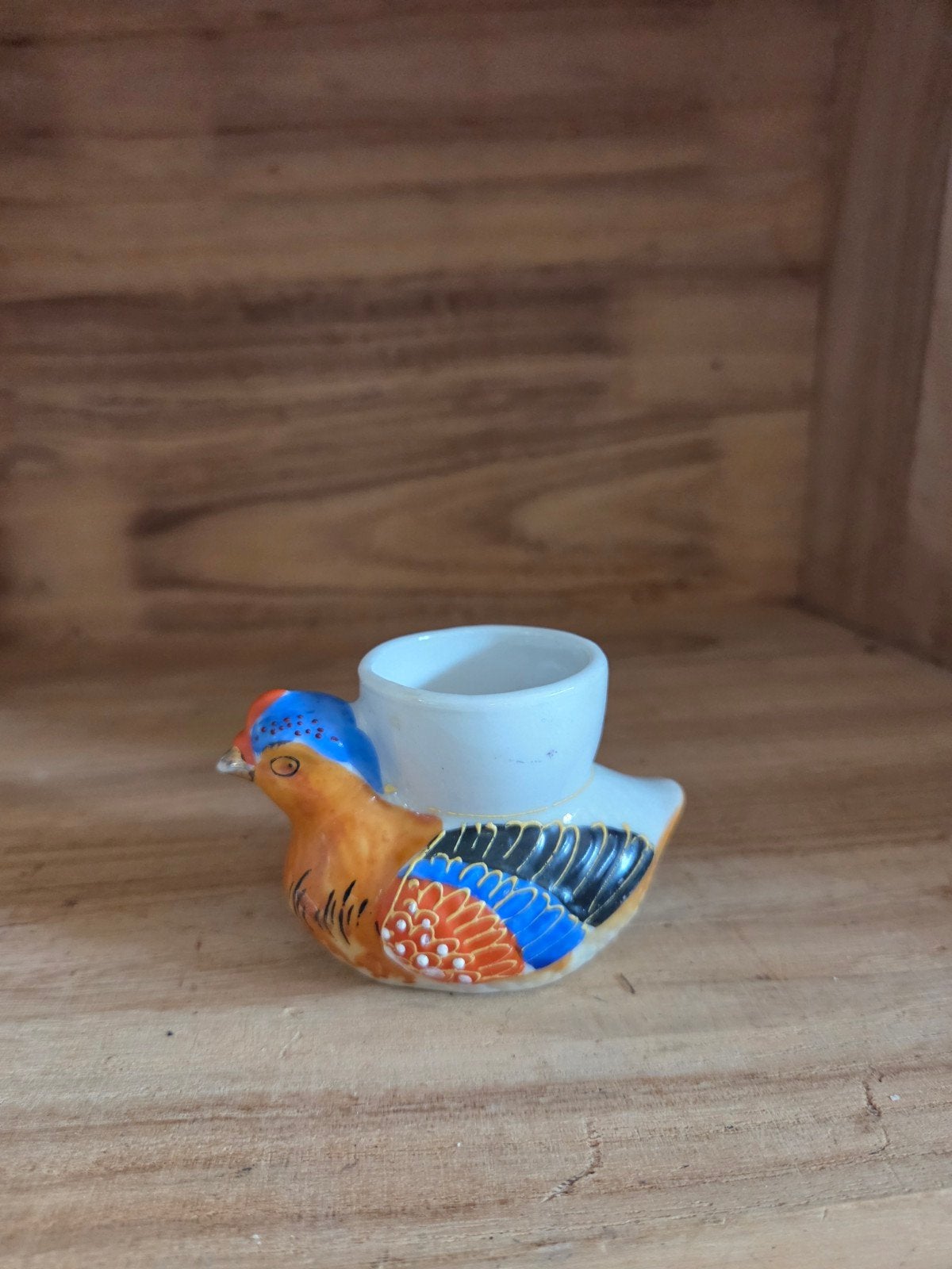 Antiek eierdopje in de vorm van een kleurrijke vogel, Ophalen of Verzenden