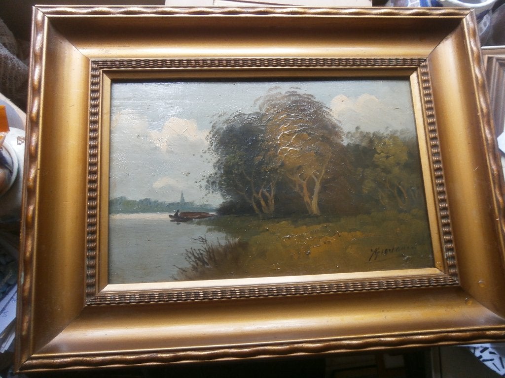GIOVANNI, mooi schilderij waterlandschap met bosstruik, Antiek en Kunst, Ophalen