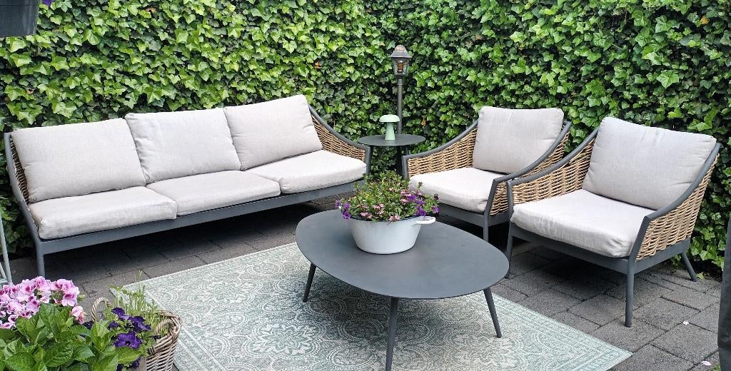 5 Delige loungeset aluminium wicker taupekleurige kussens, Ophalen, 5 zitplaatsen, Gebruikt, Aluminium