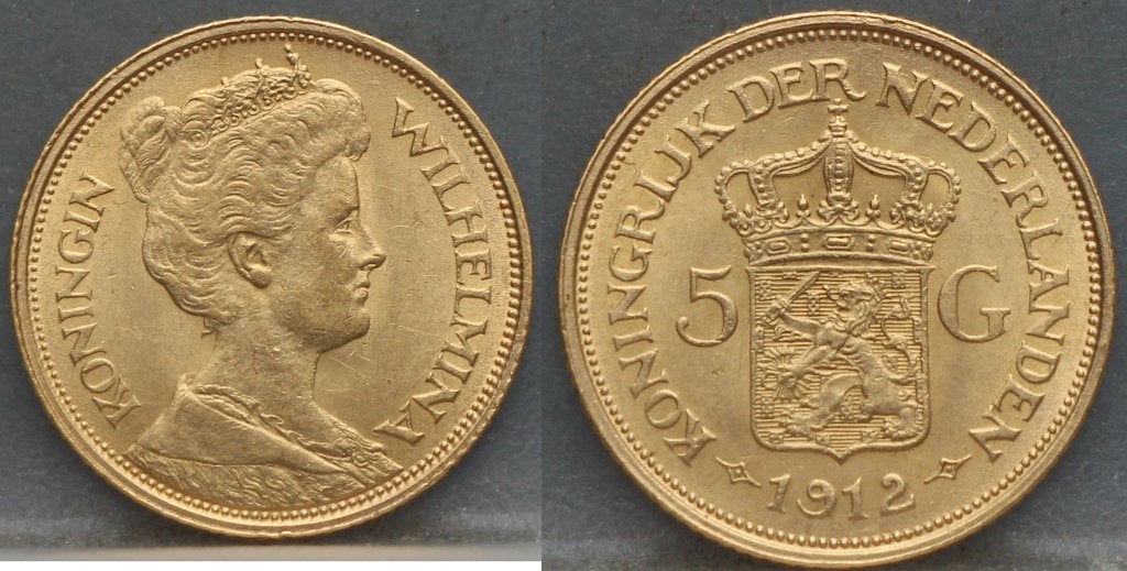 5 gulden 1912 - gouden vijfje 1912 Wilhelmina, Postzegels en Munten, 5 gulden, Koningin Wilhelmina, Losse munt, Goud