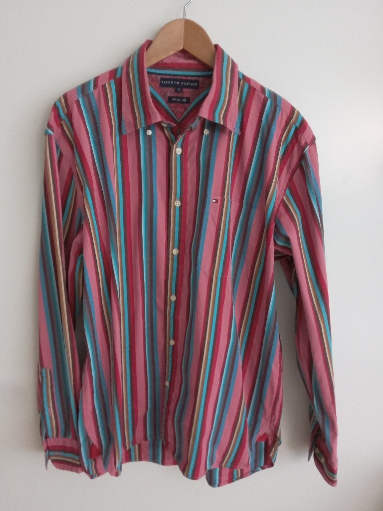 Tommy Hilfiger roze en blauw strepen overhemd, maat XL, Oosterveldweg 15, 7274 DZ, Verzenden, Tommy Hilfiger, Nieuw