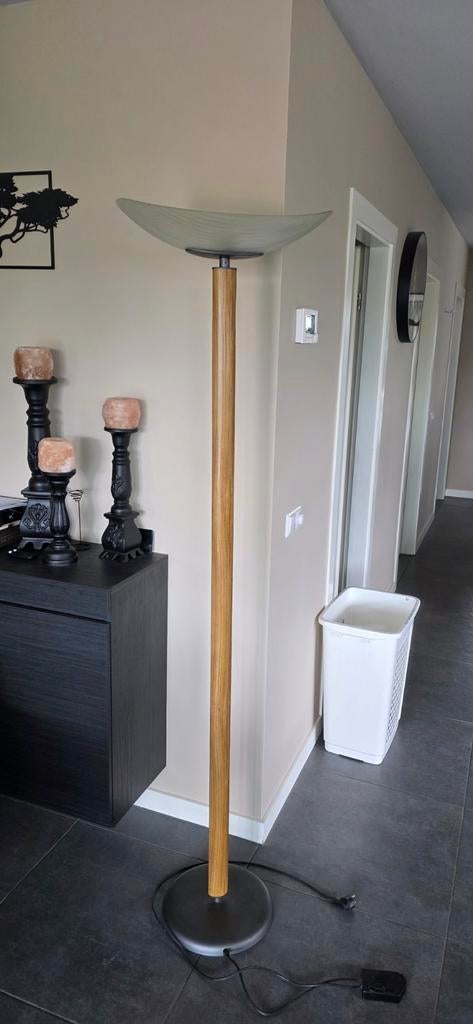 Moderne vloerlamp met houten stam en glazen kap, Ophalen