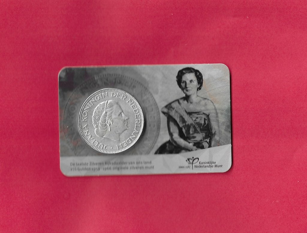 Nederland laatste zilveren Rijksdaalder in coincard 1960, Koningin Juliana, Zilver, Ophalen of Verzenden, Losse munt