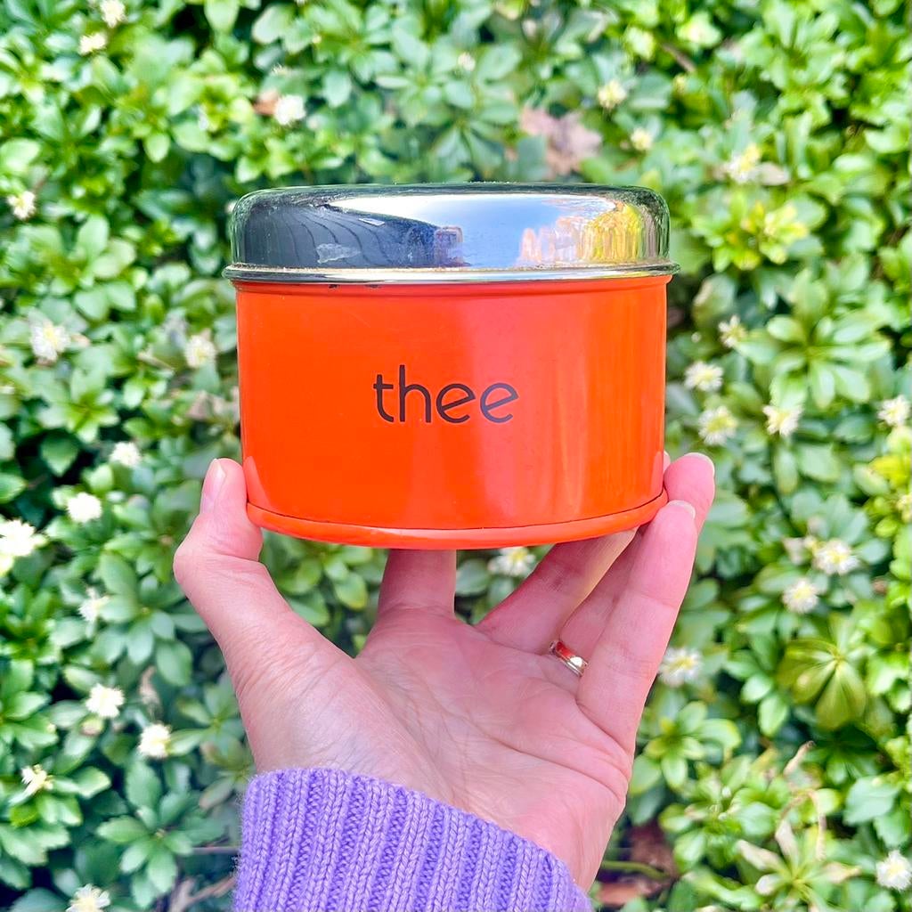 Brabantia oranje thee blikje klein vintage theeblik blik, Verzamelen, Blikken, Ophalen of Verzenden, Gebruikt, Thee, Overige merken