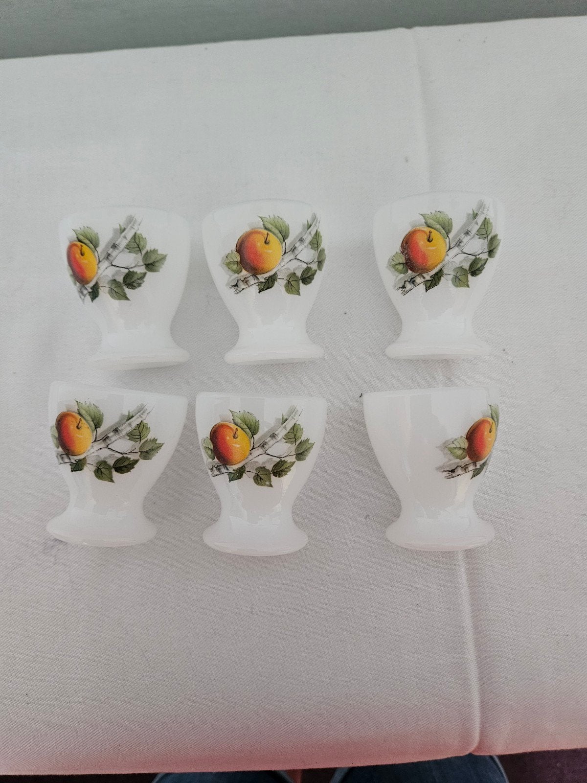 6 arcopal eierdopjes met fruitdessin, Overige typen, Ophalen of Verzenden, Overige stijlen, Glas