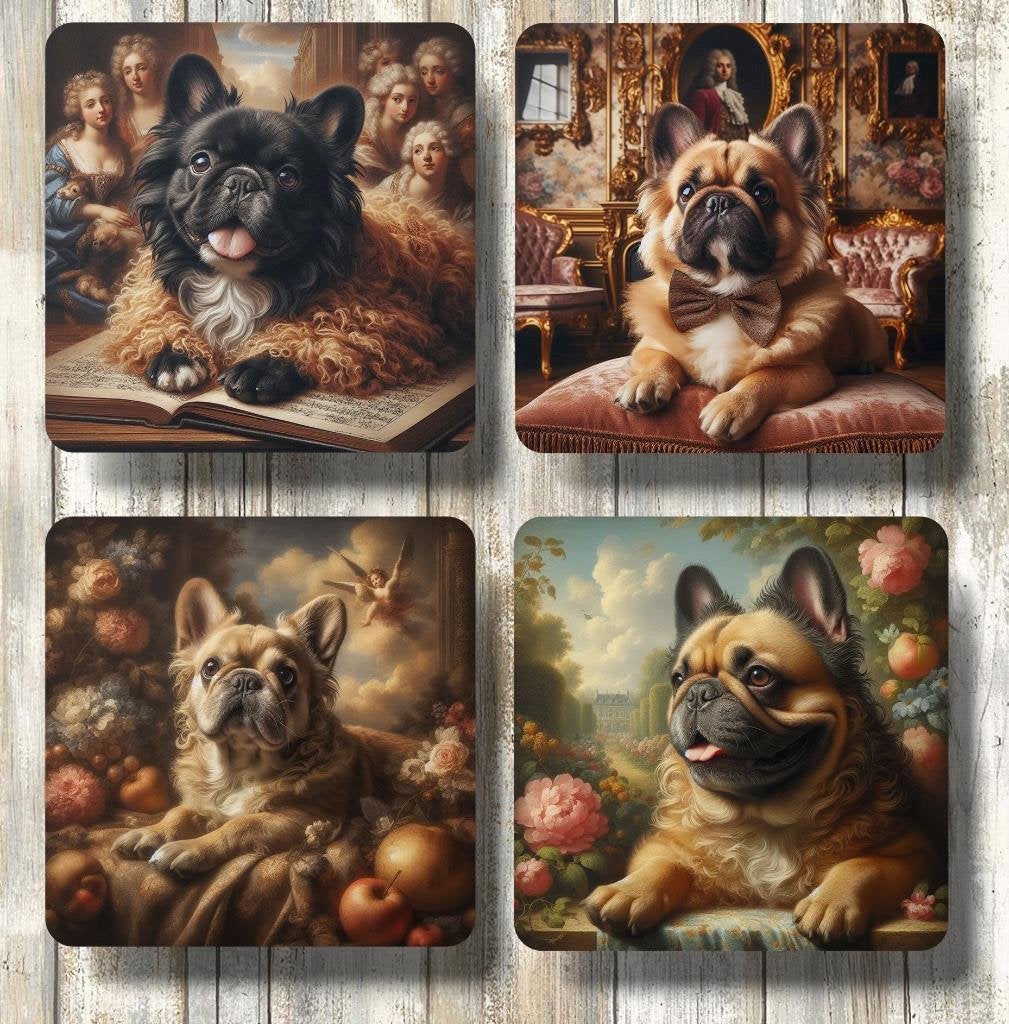 Fluffy Franse Bulldog Barok onderzetters met houder, Verzenden, Nieuw