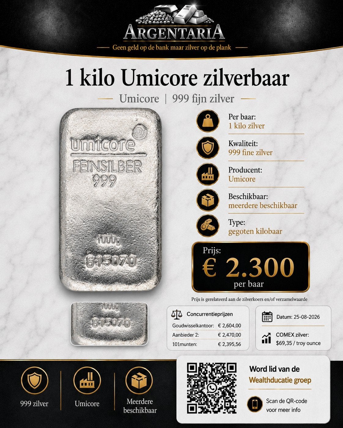 Umicore 1 kg Zilverbaar 9999 puur zilver, Ophalen of Verzenden, Zilver