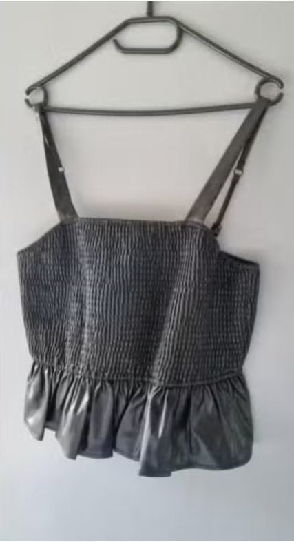 Lederlook topje met ruches (gratis), Ophalen, Zwart, Maat 42/44 (L), Nieuw