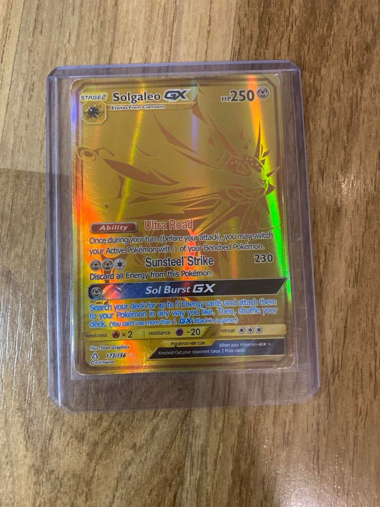 Pokémon Kaart Solgaleo GX - Gouden Full Art, Ophalen of Verzenden, Zo goed als nieuw, Losse kaart, Foil