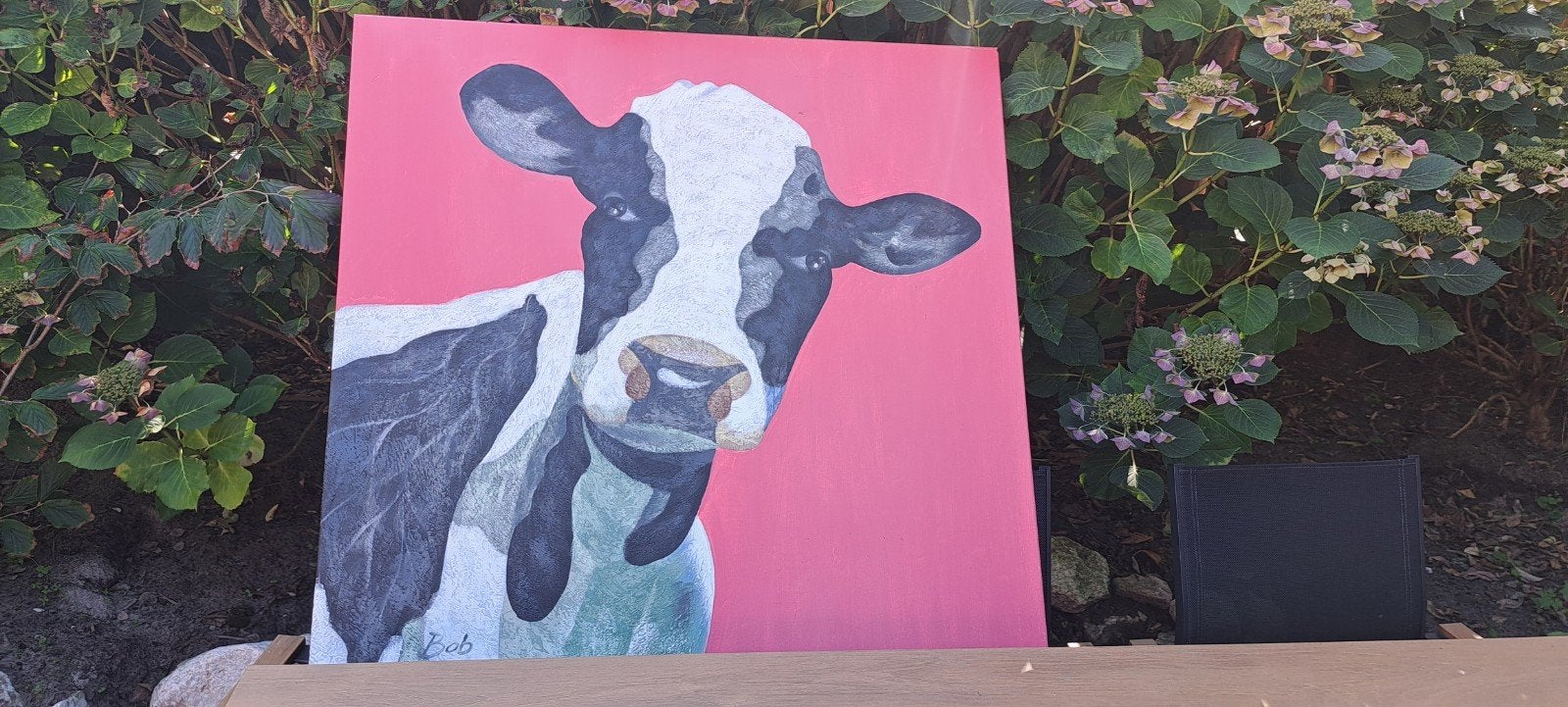 Schilderij 'Koe op Roze Achtergrond' door Bob, Ophalen, Doek, Realistisch, Dieren