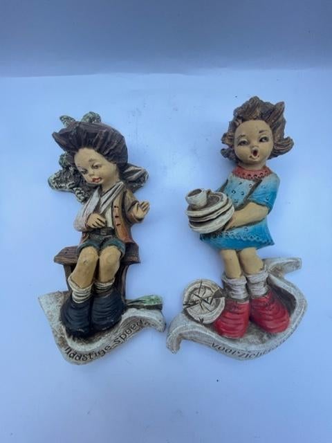 2 vintage muurdecoraties / plaquette kind. Met spreuken., Antiek en Kunst, Ophalen