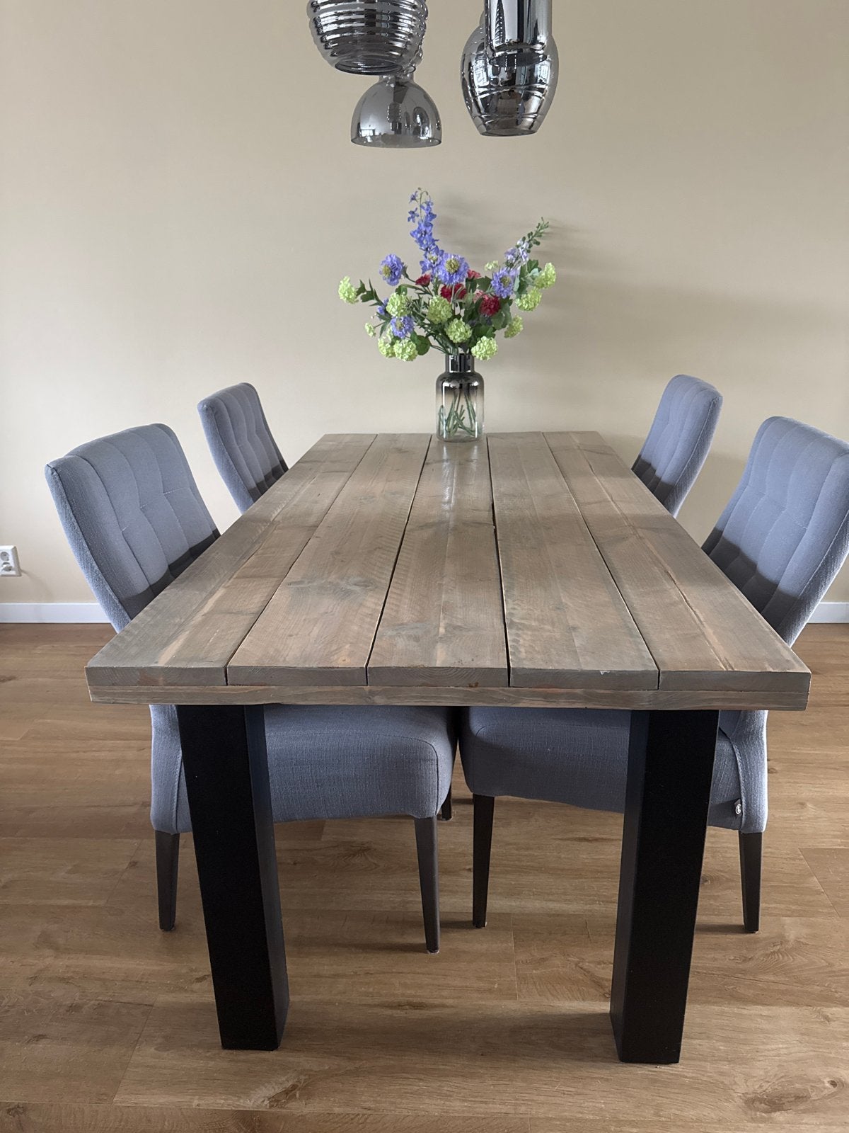 Eettafel steigerhout met metalen poten, Ophalen, Gebruikt, 50 tot 100 cm, 150 tot 200 cm