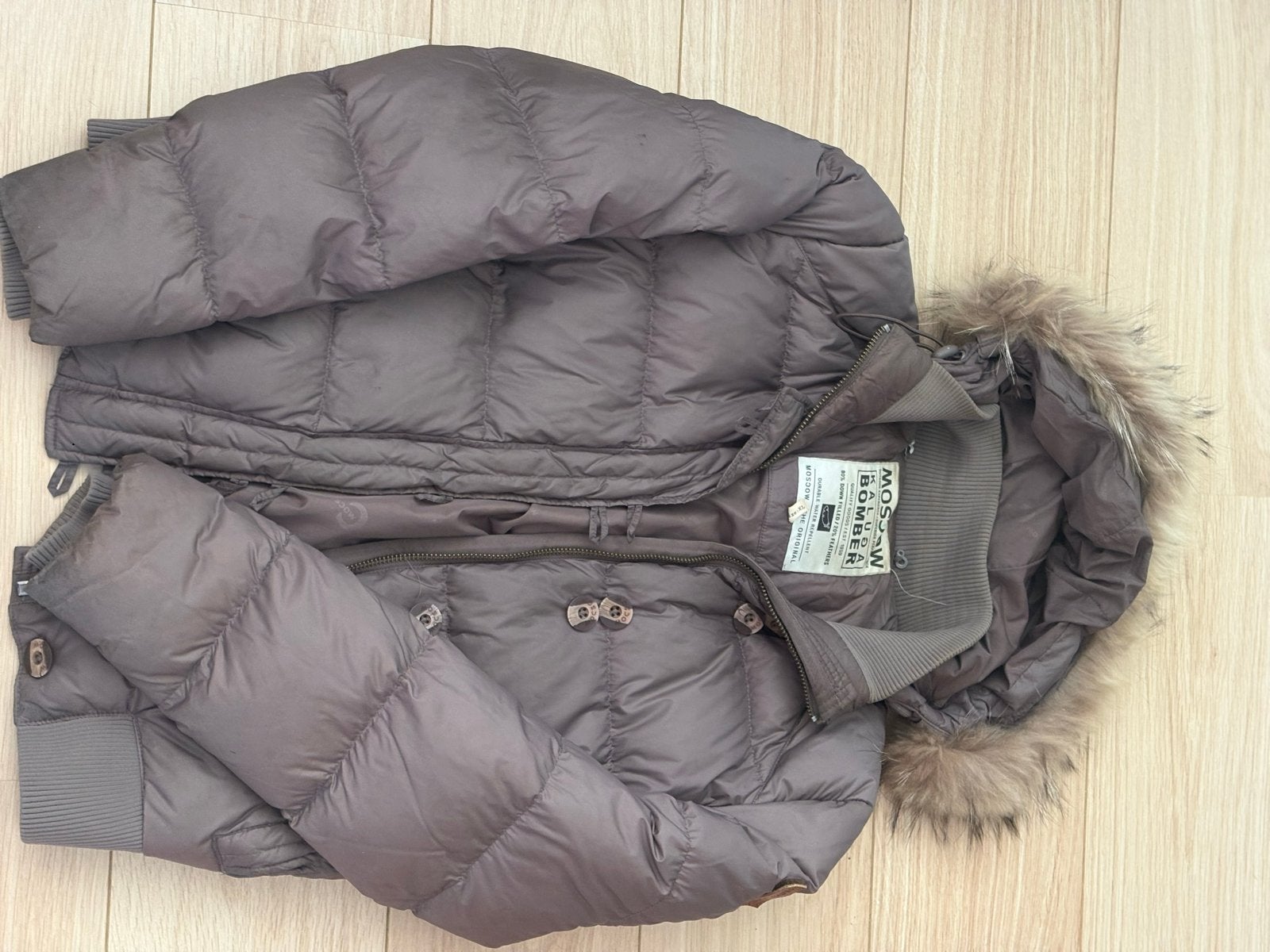 Moscow Bomber Kalua donsjack met bontkraag - Maat XL, Ophalen of Verzenden, Gedragen, Maat 46/48 (XL) of groter, Bruin