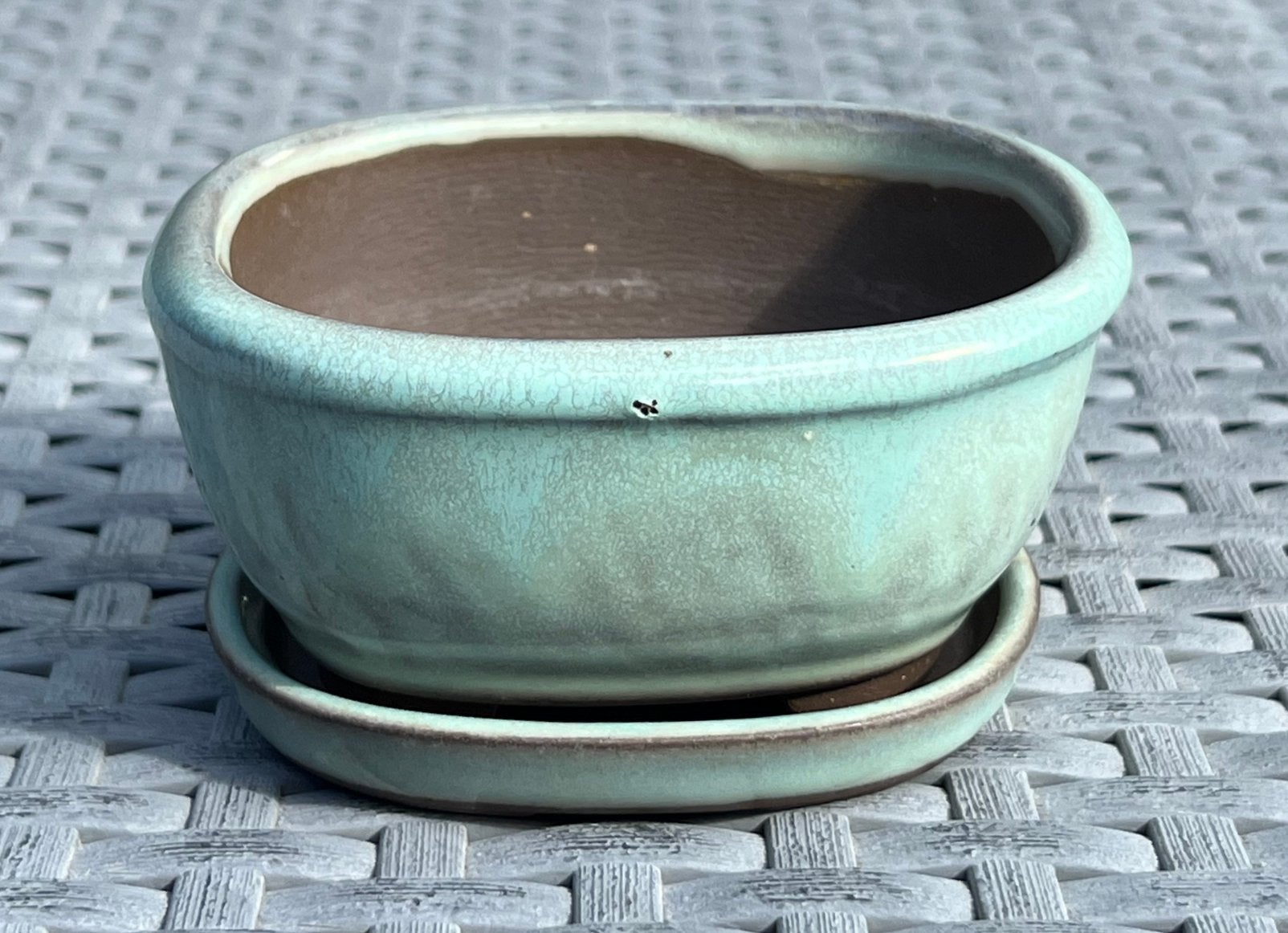 Bonsai schaal + onderzetter Turquoise Japans 9,5x8,2x4,5, Ophalen of Verzenden, Zo goed als nieuw, Overige vormen, Aardewerk