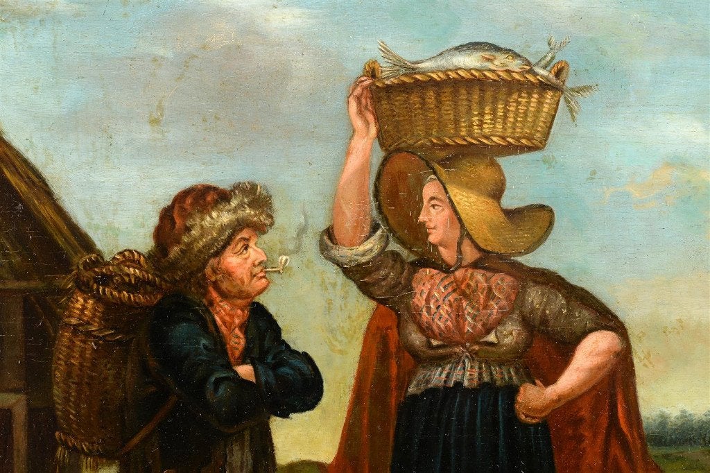 Visverkopers olieverfschilderij Holland ca 1850 zeldzaam, Ophalen, Paneel, Handgeschilderd, Portret of Personen