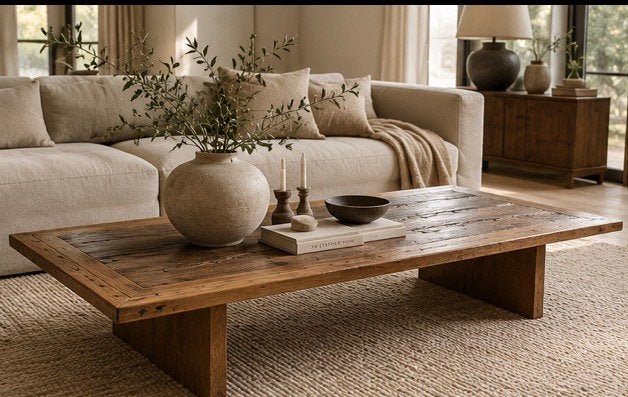 Grote massief houten salontafel 200x90 – Wabi Sabi / Japandi, Ophalen, 200 cm of meer, 50 tot 100 cm, Zo goed als nieuw