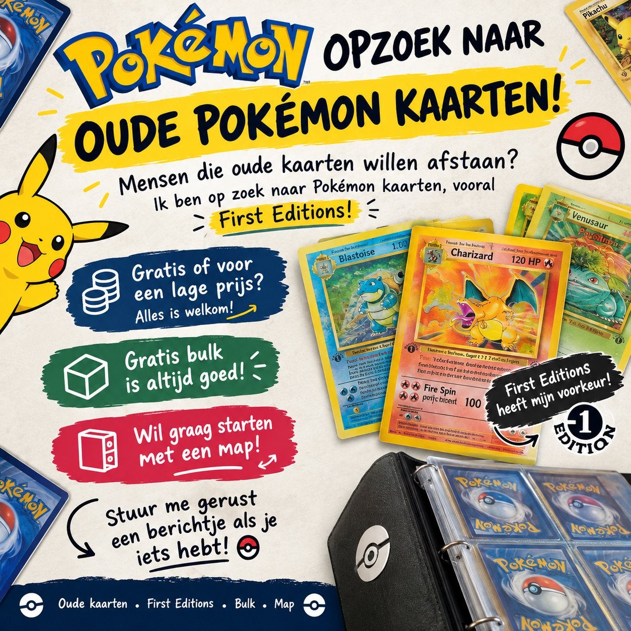 Oude pokemon kaarten gezocht! Of gratis bulk., Ophalen of Verzenden, Zo goed als nieuw, Meerdere kaarten