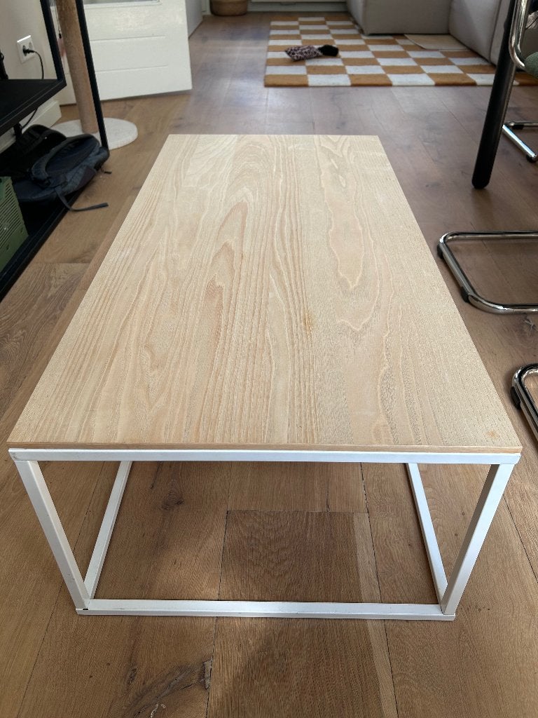 Salontafel hout met wit stalen onderstel, Ophalen, Gebruikt, 100 tot 150 cm, 50 tot 100 cm