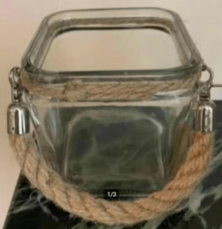 2 vierkante, glazen windlichten hengsel touw; sfeerlichtje, Ophalen of Verzenden, Zo goed als nieuw, Glas, Waxinelichthouder