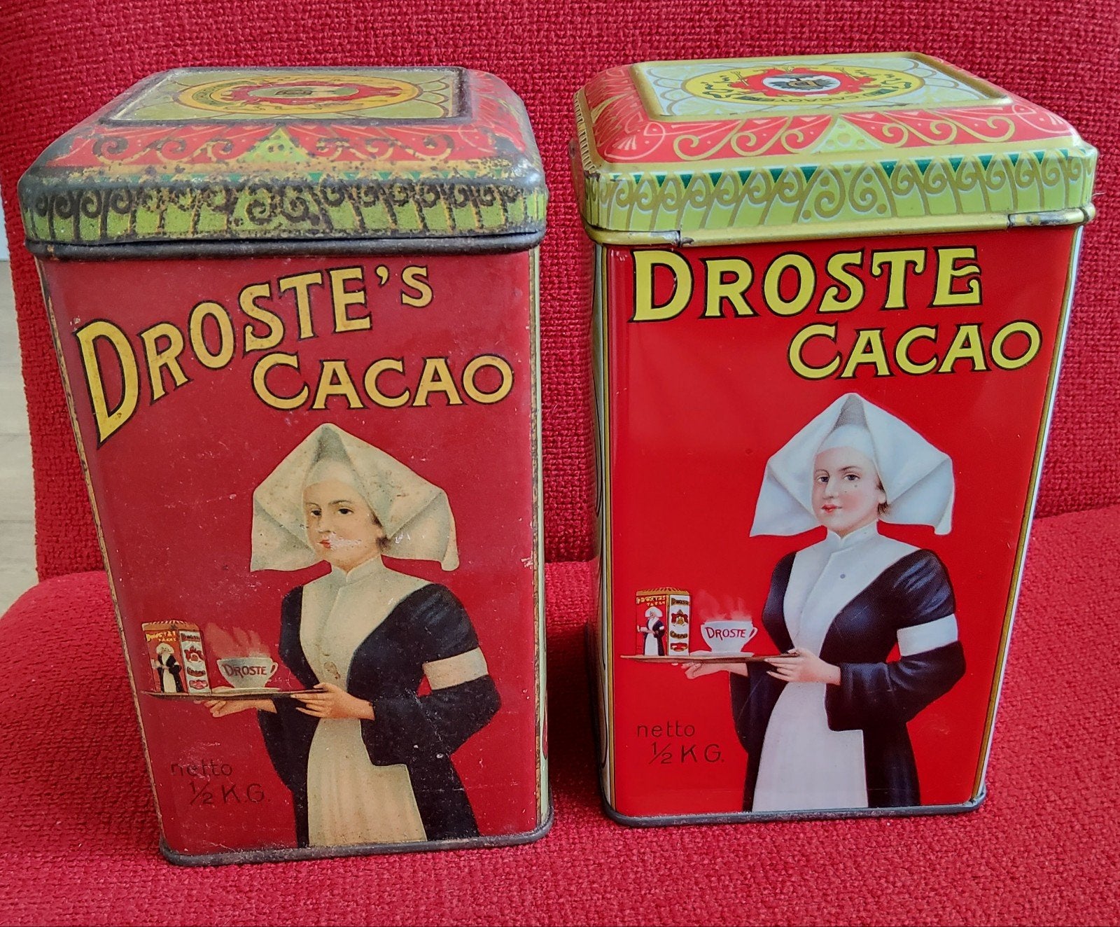Twee vintage DROSTE cacao blikken 1/2 kg., Ophalen of Verzenden, Gebruikt, Overige, Droste