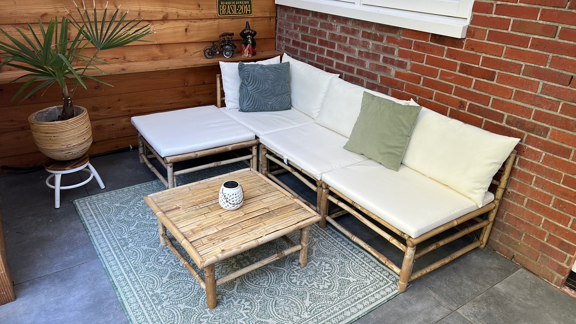 VidaXL 5-delige loungeset met crèmewitte kussens bamboe, Ophalen, Gebruikt, Loungeset, Bank