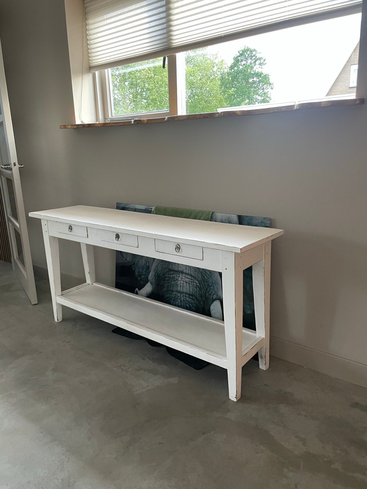 Massief houten sidetable met 3 lades en plank - 160x40x78cm, Huis en Inrichting, Tafels | Sidetables, Gebruikt, 25 tot 50 cm, 150 tot 200 cm