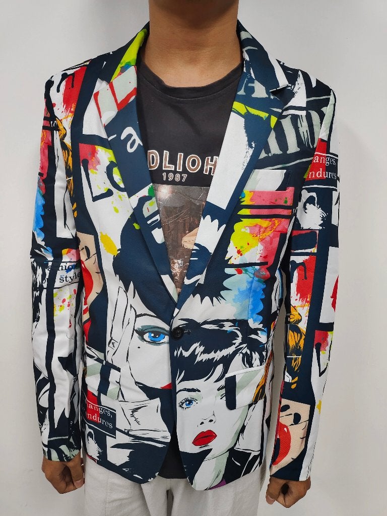 Heren pop art colbert / mannen blazer jasje cartoon, Kleding | Heren, Verzenden, Nieuw, Overige maten