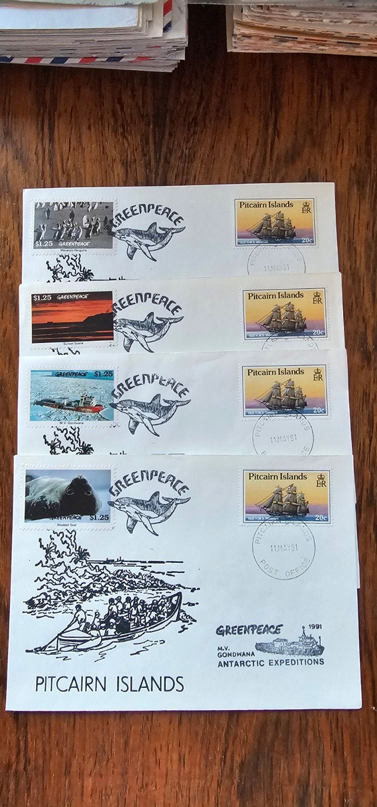 4 Greenpeace enveloppen Pitcairn Islands 1991 M.V. Gondwana, Verzamelen, Verzenden, 1980 tot heden, Engeland