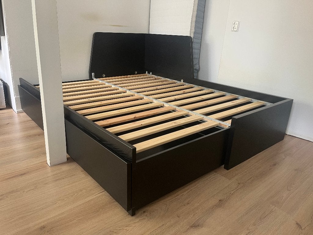 FLEKKE Bedbank met 2 lades, zwartbruin, 80x200 cm, Ophalen, Zwart, Tweepersoons, Zo goed als nieuw
