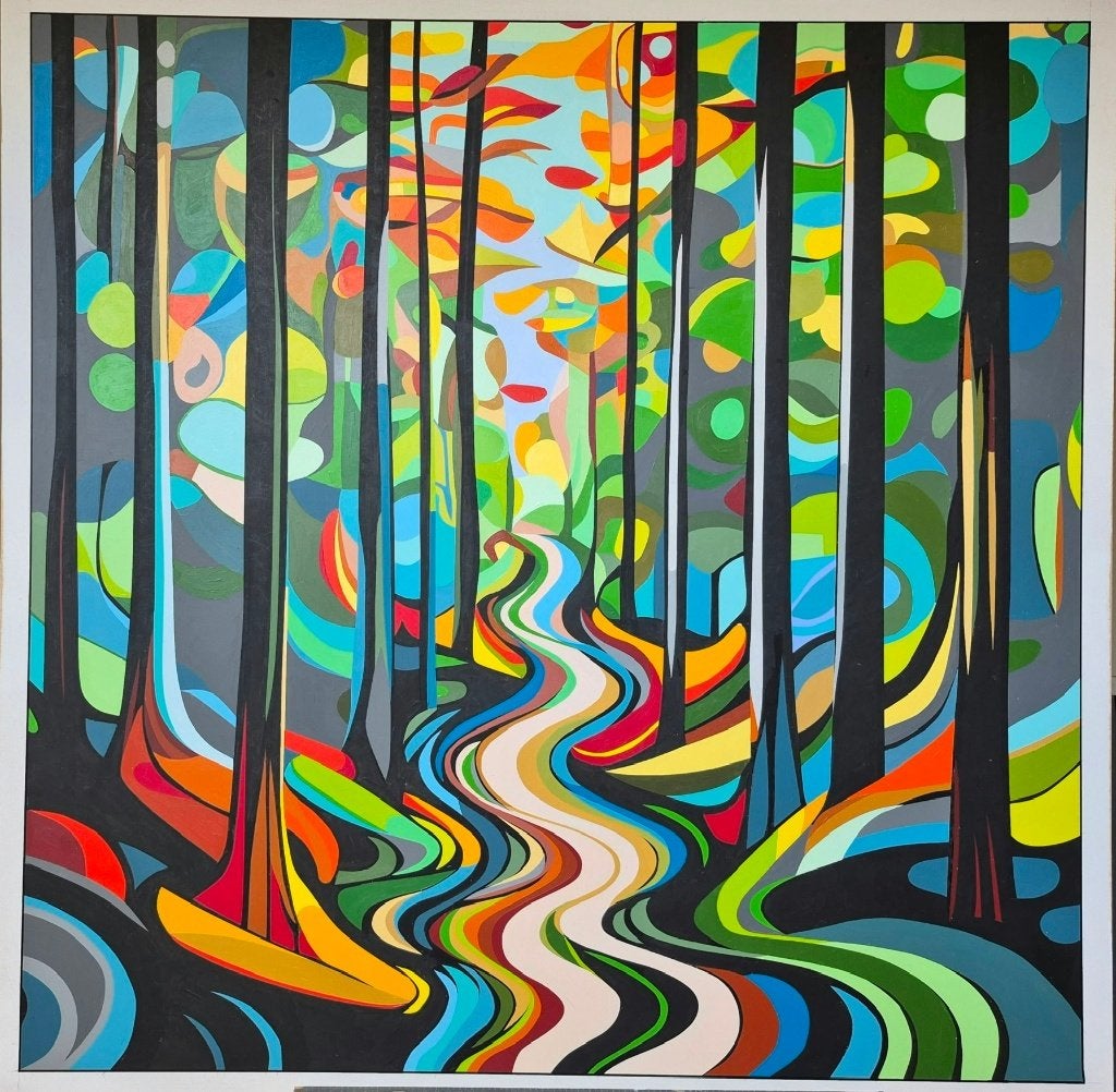 Schilderij Franklin van Dam - Kleurrijk Bos / Bospad, Verzenden, Hout, Acrylverf, Abstract