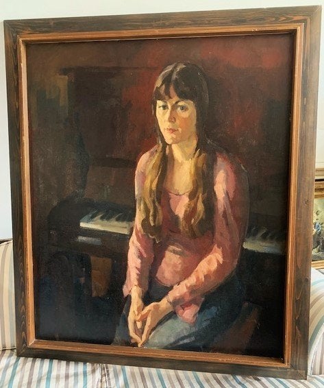 GROOT) - Pianiste voor haar piano - ex kunstcoll. ACHMEA, Ophalen, Doek, Portret of Personen, Impressionistisch