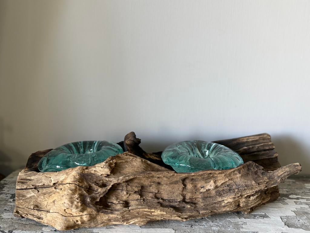 Java hout met turquoise glazen, Ophalen of Verzenden, Zo goed als nieuw, Hout, Japandi