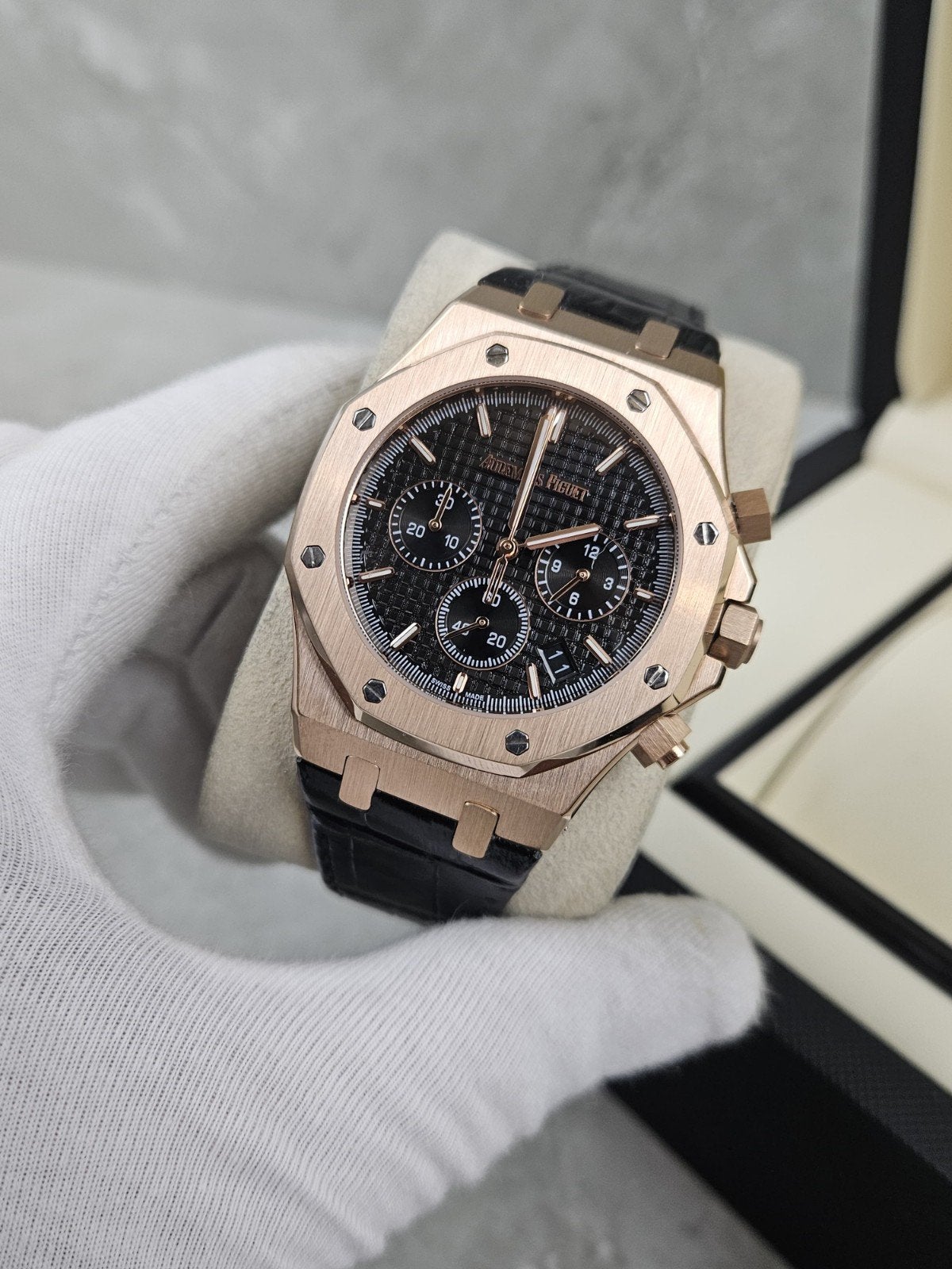 Audemars Piquet Rose gold heren horloge, Overige merken, Leer, Staal, Verzenden