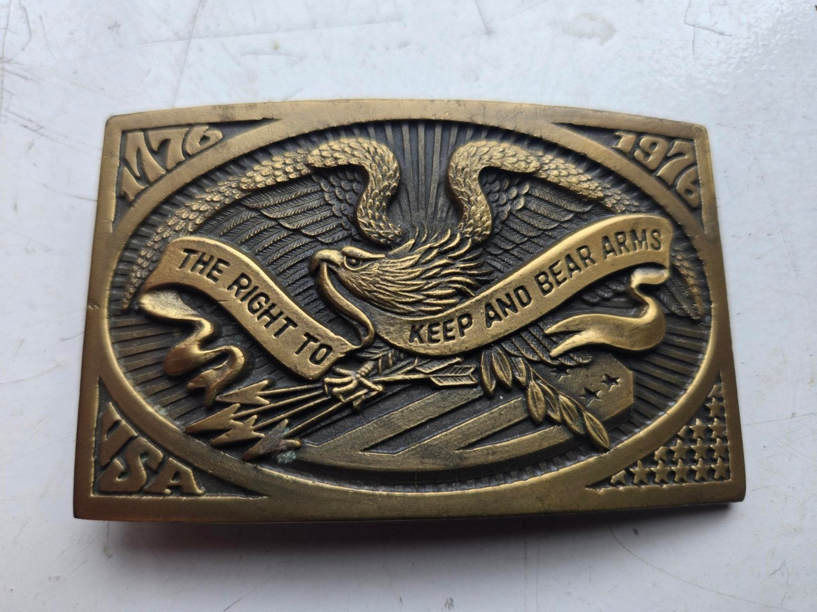 Vintage Brass Belt Buckle "The Right to Keep and Bear Arms", Kleding | Heren, Riemen en Ceinturen, Losse buckle of gesp, Overige kleuren