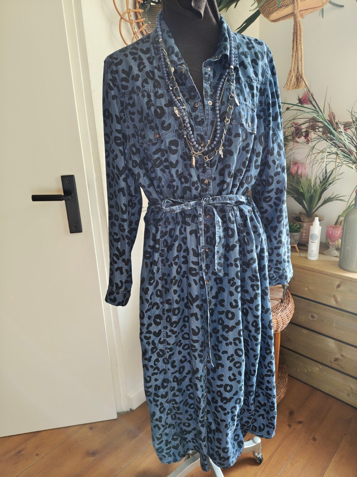 lange spijkerjurk jurk maat l en xl panterprint blauw, Blauw, Maat 42/44 (L), Ophalen of Verzenden, Zo goed als nieuw