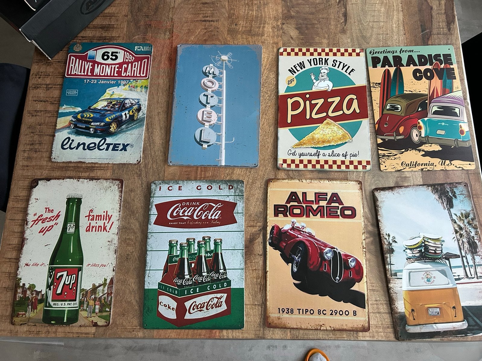 8 metalen retro decoratieborden, diverse thema's, Ophalen of Verzenden, Zo goed als nieuw