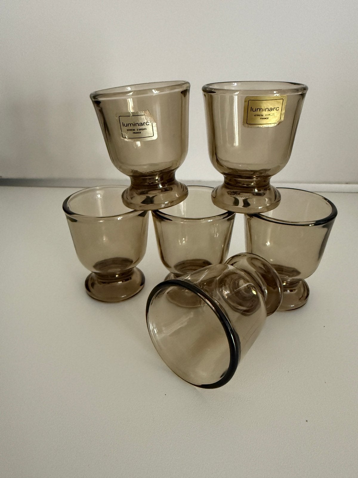Vintage eierdopjes bruin rookglas 6x Luminarc, Overige merken, Overige typen, Vintage, Ophalen of Verzenden