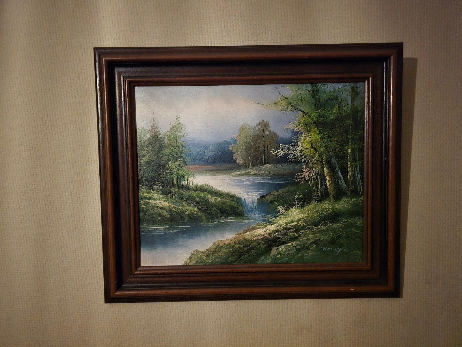 Schilderij Landschap met rivier en waterval - Henry, Doek, Realistisch, Ophalen of Verzenden, Landschap
